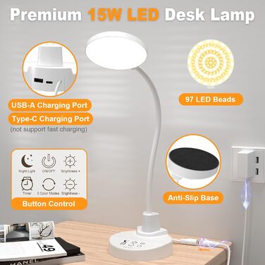 LED настільна лампа 15W з USB-A та USB-C – диммування, 3 колірні температури, 5 рівнів яскравості, таймер, гнусий 360° шийка, захист очей, для офісу та спальні (біла, 12 см)