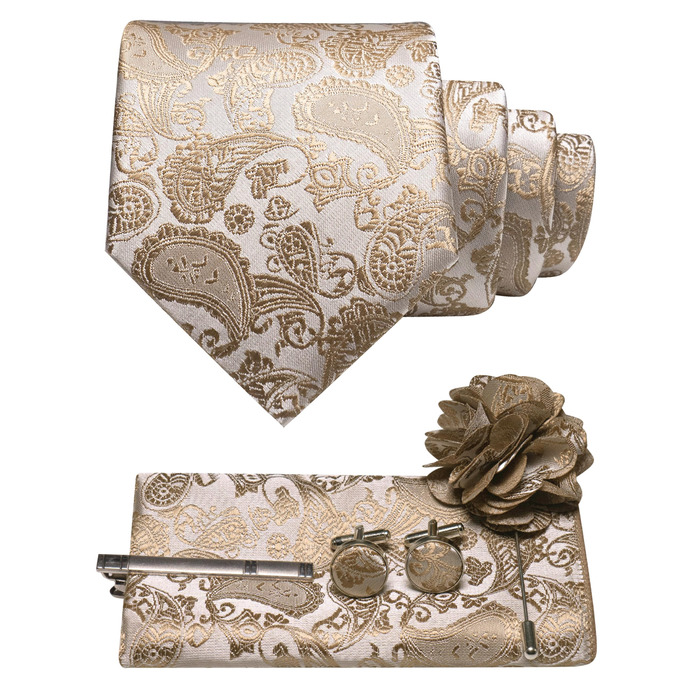 Набір краваток JEMYGINS для чоловіків: краватка з візерунком павароччі, нагрудна хустинка, краваткотримач, брош і запонки (хакі)