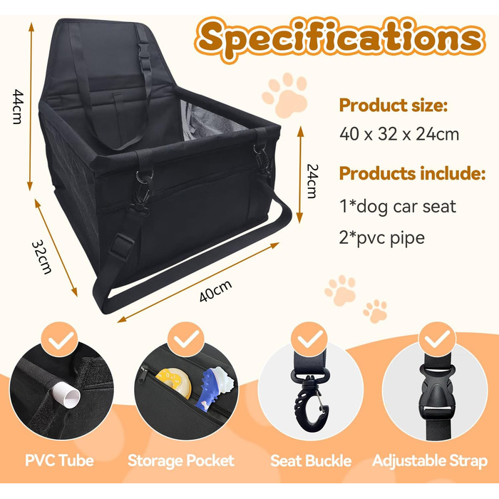 Автомобільний лежак для собак, чорний, 40x32x24 см, знімний, з тканини Оксфорд, дихаючий, для собак та котів