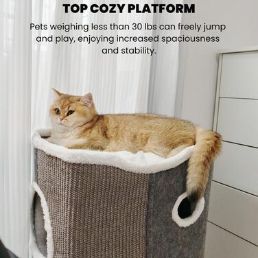 Spindro Cat Cave Cat Bed Large, Cat House Indoor Cat Sleeping Place with Removable Sherpa Cat Cushion and Hanging Toy, Cat Bed, Light Grey 42x42x33cm (4 level (42cmx32cmx84cm), Grey)