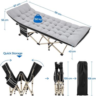 Ліжко складане Yaheetech з матрацом для кемпінгу, сіре (191x67 см, до 150 кг) + Чохол та кишені