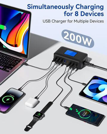 Зарядний пристрій USB C 200W, 8 портів, PD 65W з LCD дисплеєм для MacBook, iPad, iPhone 16/15/14/13 Pro/Max, Samsung S24/S23 – Чорний