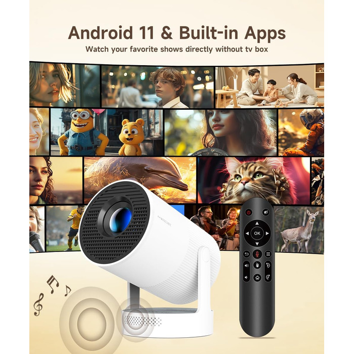 Портативний проєктор Mini Beamer 4K з Android 11: Smart проєктор з електричним фокусом, WiFi 6, BT 5.0, Full HD 1080P, 260ANSI, авто-корекція трапецеїдальних спотворень, 5W динамік