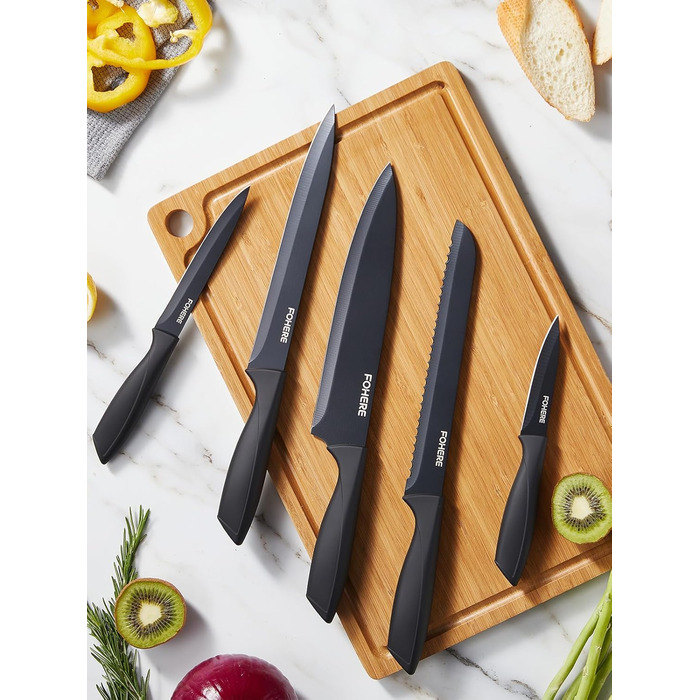 FOHERE 13-Piece Stainless Steel Knife Set with Block & Sharpener - Ergonomic Black Granite Handles