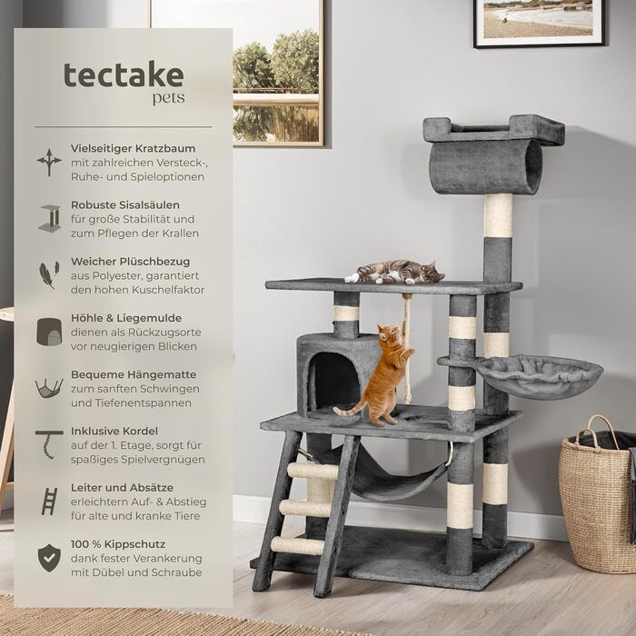 Котячий будиночок Tectake з гамаком, лежаком, печерею, сходами, трубою та іграшковою мотузкою. Великий котячий будиночок з сизалю та плюшу, котячий комплекс XXL з гамаком (Сірий)