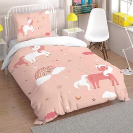 Комплект постільної білизни HOM Einhorn 135x200 для дівчаток - рожевий, з малюнком райдуги, 2 шт. (155x220 см, 80x80 см)