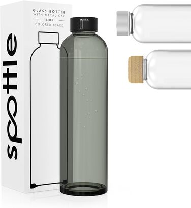 spottle Glass Water Bottle 1L - Glass Bottle in 500ml - 750ml or 1 Liter - Glass Water Bottle Suitable for Carbonated Drinks – Dishwasher-Safe & Leak-Proof Glass Drinking Bottle