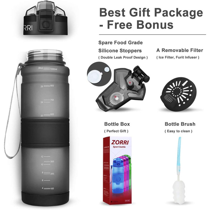 ZORRI Sport Water Bottle for Kids, 500 ml/700 ml/1000 ml, BPA-free, eco-friendly Tritan plastic, reusable water bottles with filter, Grey-1000ml, 1000ml-32oz