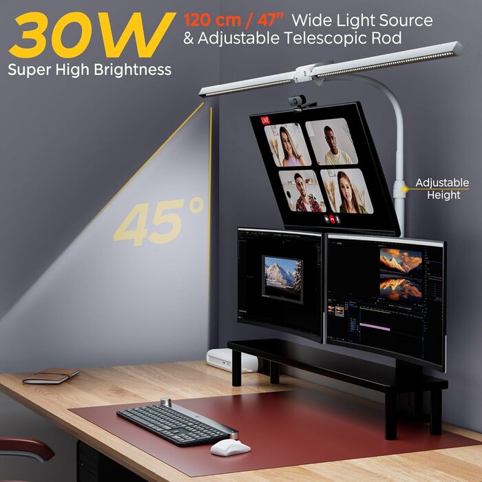 LED лампа настільна EYOCEAN 24W, 80 см з жестами, регулювання яскравості, захист очей для офісу, роботи, читання, архітекторів, дизайнерів (біла)