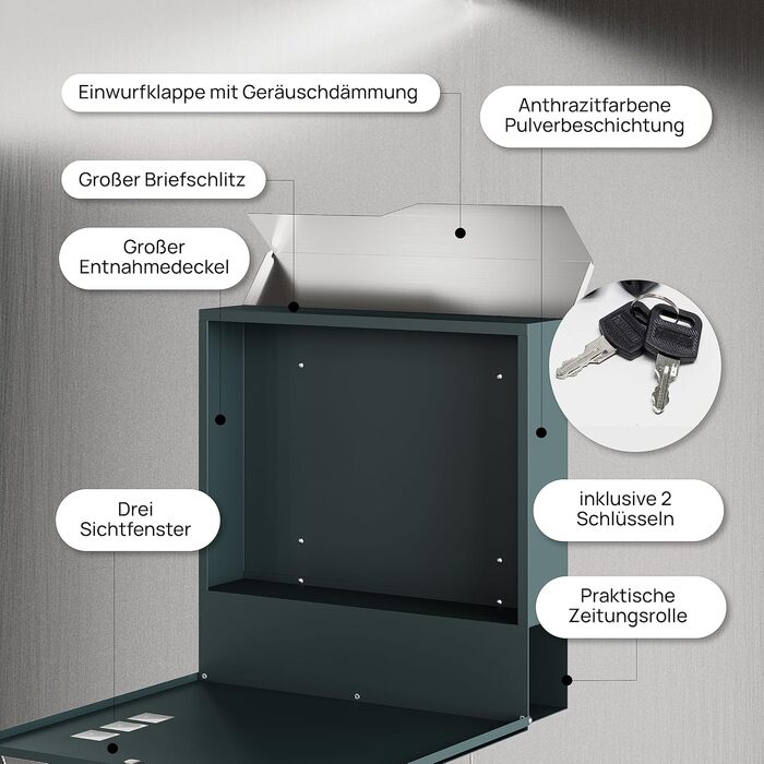Поштовий ящик антрацит RAL 7016 Svenja з написом та газетницею - сталевий порошково-пофарбований, з 3 вікнами огляду
