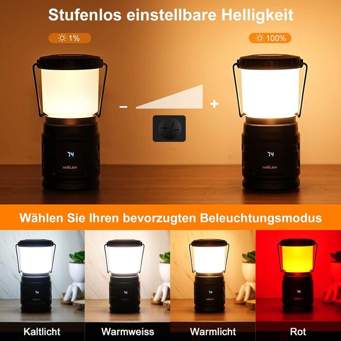 Tavaler Camping Lantern 8000 mAh Battery USB C Rechargeable Camping Lamp with LED Battery Level Display Screen Camping Light IP65 Waterproof Camp Light for Hiking, Outdoor, Emergency, Power Bank