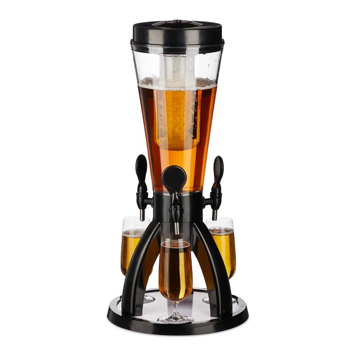Пивна колона Relaxdays з 3 кранами, 4 л, диспенсер для напоїв з охолодженням, для саду, прозорий/чорний