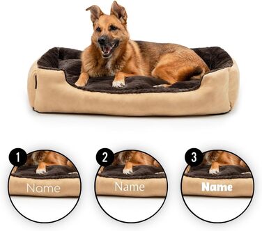 Ліжко для собак Lionto з двостороннім подушкою та неслизьким дном, міцне лежання для собак та котів будь-якого віку, 60x48 см, м'яке собаче ліжко, (Д 90 x Ш 70 x В 20 см (з іменним нанесенням), бежево-коричневе)