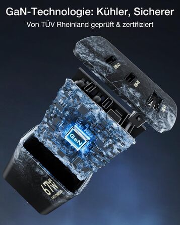 Зарядний пристрій USB-C 67W 3-Port PD PPS для MacBook, iPhone, Samsung Galaxy, iPad, Pixel - Чорний