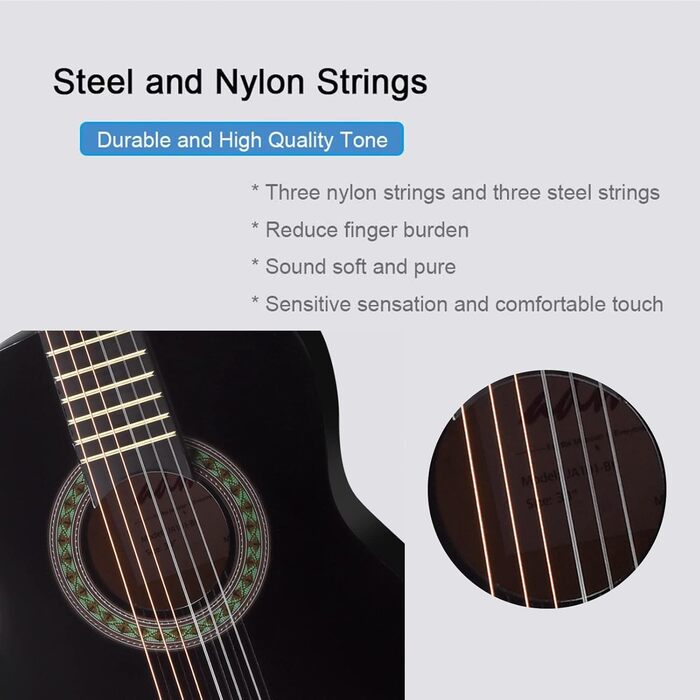 Дитяча гітара ADM 1/4 Junior-Konzertgitarre для початківців: з тюнером, чохлом, ремінком, запасними струнами та медіатором, чорна