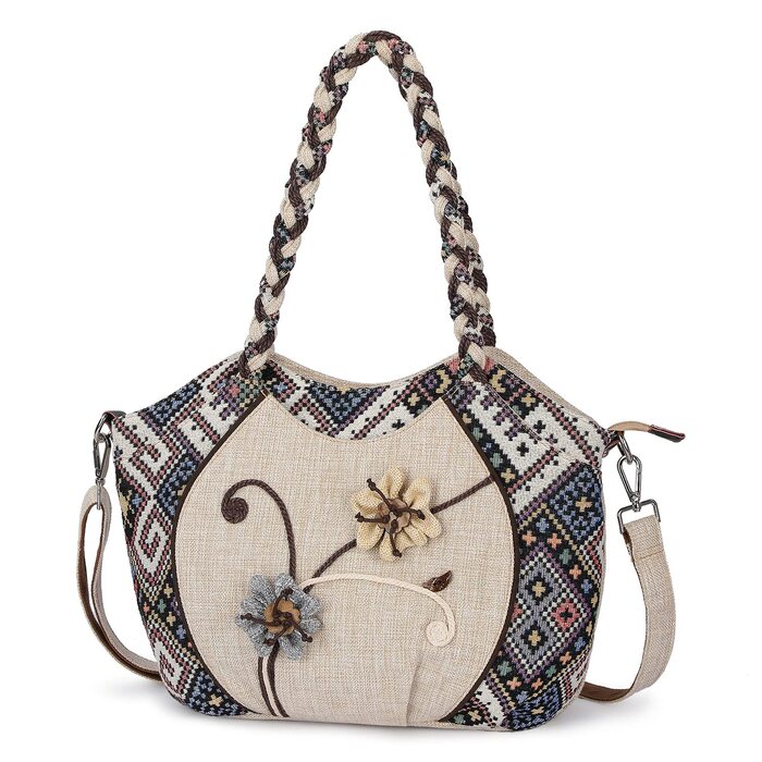 Сумка жіноча Boho етнічна льняна через плече, велика містка сумка-торбинка з вишивкою, регульований ремінь. Богемна вінтажна сумка для дівчат