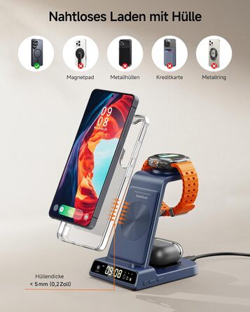 Бездротова зарядна станція 3-в-1 для Samsung Galaxy S26 Ultra, Watch 8/Ultra/7/6/5, Buds 4/4 Pro (Блакитна) - Швидка індуктивна зарядка