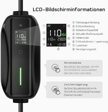 Мобільна зарядна станція для електромобілів Dé 11 кВт (3 фази, 7м, 6-16A) з регулюванням потужності, кабель CEE 16A на Typ 2, сумісна з Model Y/3, ID.3/4/5, MG4, EX30, e-up, e-tron, Zoe та іншими електромобілями