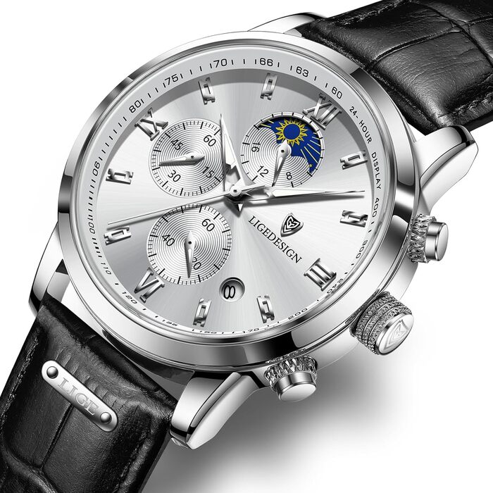 Годинник чоловічий LIGE Retro з шкіряним ремінцем, 3ATM, водостійкий, аналоговий, з датою, місячними фазами (чорний / білий)