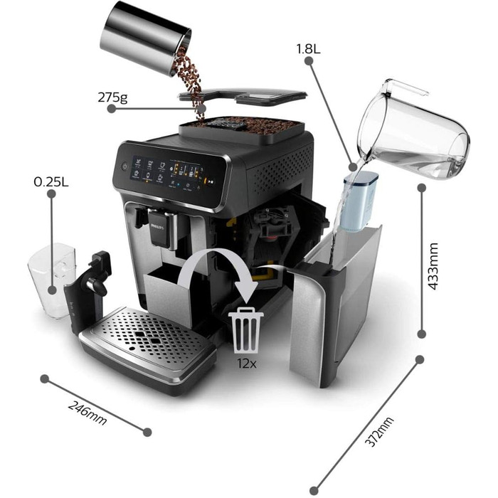 Philips 3200 Fully Automatic Coffee Machine – LatteGo Milk System, 5 Coffee Specialties, Intuitive Touch Display, Silver (EP3246/70) Latte Go 5 Coffee Specialties