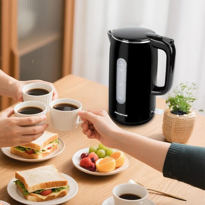 Електричний чайник Aigostar з нержавіючої сталі, чорний, 1.7 л, 2200 Вт - Швидкий кип'ятіння, подвійні стінки, без пластику, індикатор рівня води, автовимкнення, BPA-free, для кухні та офісу