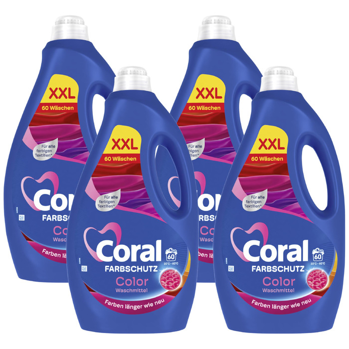 Рідкий пральний засіб для кольорових речей Coral Colorwaschmittel Optimal Color XXL з формулою захисту кольору, 60 прань (набір 4 шт)