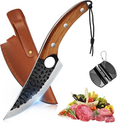 Ніж кухарський OOKUU, м'ясний тесак з точилкою та шкіряною піхвою, професійний ніж для обвалювання, гострі кухарські ножі в японському стилі, тесак для кухні на відкритому повітрі