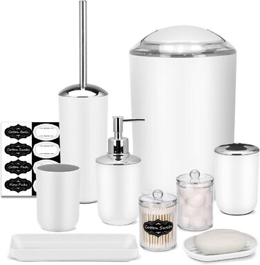 Набір аксесуарів для ванної кімнати IMAVO – 8 предметів сірого кольору (сміттєвий бак, дозатор мила, мильниця, тримач для зубних щіток, тримач для унітазного йоржика, диспенсер для ватних паличок з етикетками)