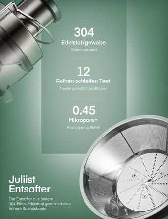 Соковитискач JUILIST для овочів та фруктів, 65 мм, 3 режими, з щіткою для чищення, легко миється, сріблястий