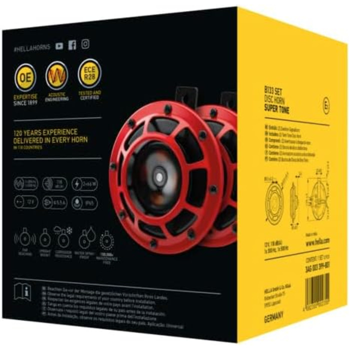 Електричний звуковий сигнал HELLA B133, 12В, 118дБ, 300/500Гц, низький/високий тон, комплект 2 шт., червоний/чорний, плоский роз'єм