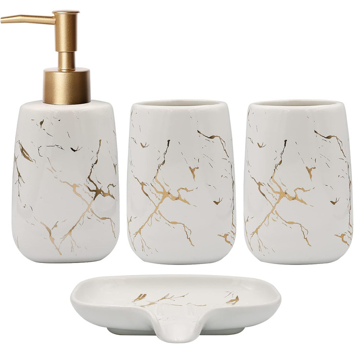 Набір аксесуарів для ванної кімнати з кераміки (4 шт): дозатор мила, тримач для зубних щіток, чашка, мильниця (білий)