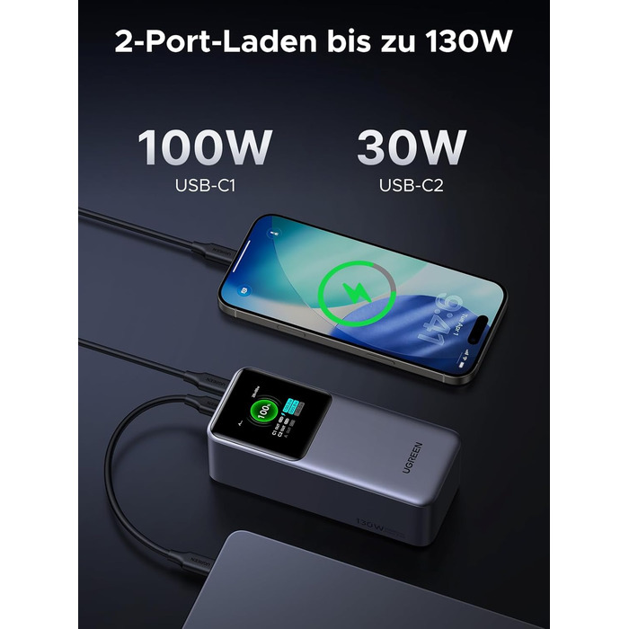 Powerbank UGREEN Nexode 20000mAh 130W з USB-C PD 3.0, цифровим дисплеєм, сумісний з iPhone, Galaxy, MacBook, Dell
