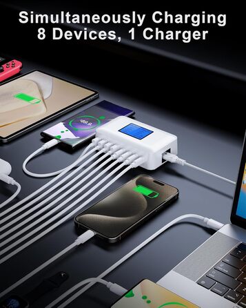 Зарядний пристрій RENGOGA 200W USB C GaN з 8 портами, LED дисплеєм, 65W USB-станція для iPad Pro/Air, MacBook, iPhone 16/15/14, Galaxy S24 - Білий