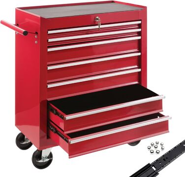 Arebos 7-Drawer Tool Cart | Central Locking Tool Wagon with 2 Keys & Anti-Slip Mats | Ball Bearing Drawers | 2 Wheels with Brake | (Red)