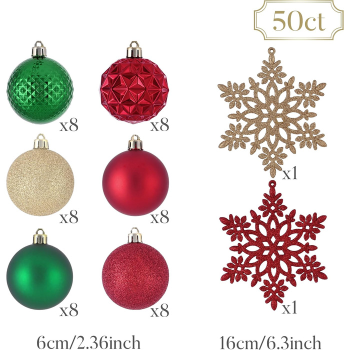 50 шт. прикраси на ялинку Valery Madelyn, 5 см, біло-золоті, пластикові, з кріпленням, для ялинки, стійкі до пошкоджень, прикраси на Різдво (червоний, зелений, золотий)