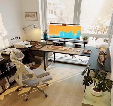 Кутовий письмовий стіл L-подібний з 3 тканинними шухлядами, підставкою для монітора, розеткою та USB-портом для дому та офісу, 140x80 см, чорний