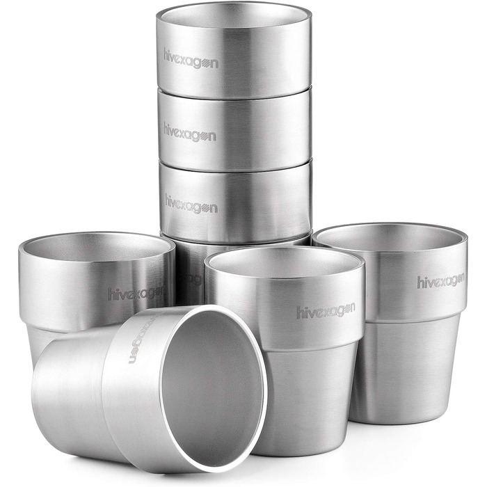 Hivexagon 300ml Set of 8 Double-Walled Stainless Steel Cups - Ideal for Cold Drinks - Dishwasher Safe HG298