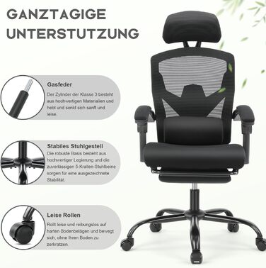 Офісне крісло DUMOS Ergonomisch C-3509 чорного кольору - ергономічне крісло з комфортними підлокітниками, підтримкою попереку та підставкою для ніг, для дому та офісу (26 x 39 x 50.75 inches)