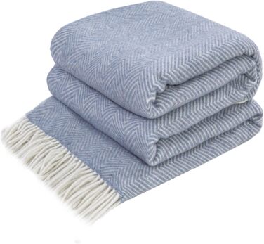 LYHome Merino Blanket - Throw Blanket, Daybed Blanket, Sofa Wool Blanket, Blanket Coverlet, Living Room Blanket, Fluffy Couch Blanket, Merino Blanket, Fluffy Warm Throw (140x200 cm | Blue - White Chevron)