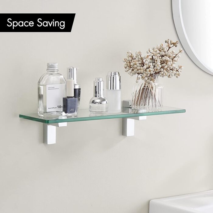 KES Shower Shelf for Hanging, Bathroom Shelf, Wall Shelf, Shower Glass Shelf, 8mm Shower Shelf, Bathroom Shelf, Tempered Glass with Shelf Supports, 60cm Brushed Nickel, BGS3201S60-2 (40 CM, Polished Chrome)
