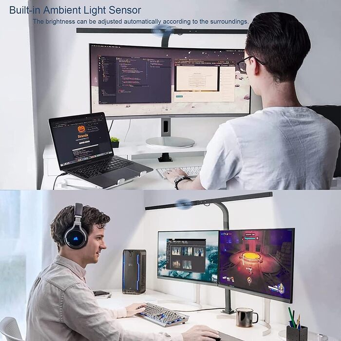 LED лампа настільна з авторегулюванням яскравості, 80 см, кріплення-прищіпка, регулювання колірної температури, захист для очей, денне світло, таймер, матовий чорний