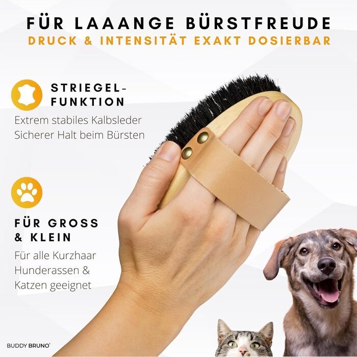 Щітка для собак Buddy Bruno® для короткошерстих порід, 100% натуральна щетина, для щоденного догляду за шерстю, преміум-щітка для собак та котів, з очищувачем, MADE IN DE