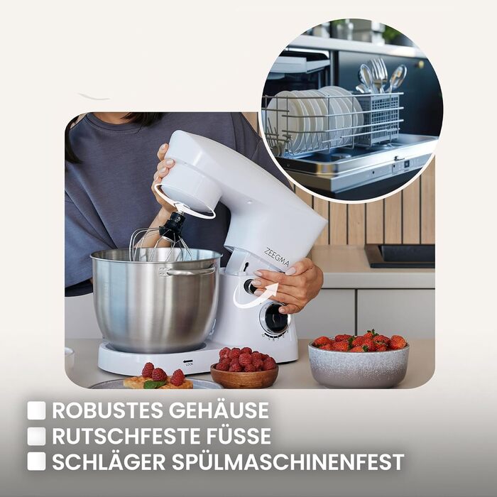 Кухонний комбайн ZEEGMA PLANEET EASY: планетарний міксер 1500 Вт з чашею 5.2 л, 10 швидкостей, насадки для замішування, збивання, готування. Білий