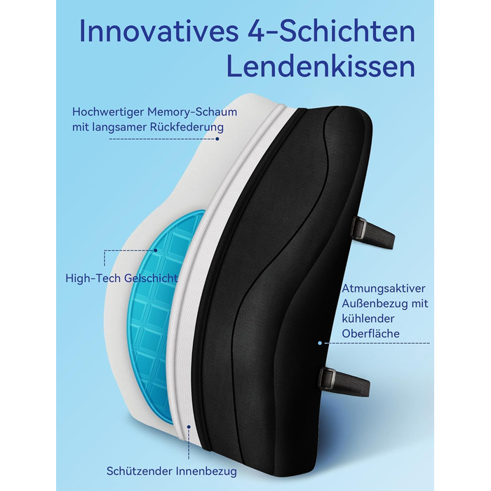 Подушка для спини Ergonomica Travel Ease з Memory Foam, для офісного та комп'ютерного крісла, з антистатичним, приємним до шкіри чохлом, для комфортної посадки (Чорний)