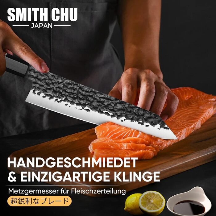 Японський ніж для кухні SMITH CHU Profi – ніж шеф-кухаря з фінішною обробкою молотком, гострі кухонні ножі для м'яса, риби та овочів, високоякісний кухонний ніж у подарунковій коробці (Kiritsuke, 36 см)