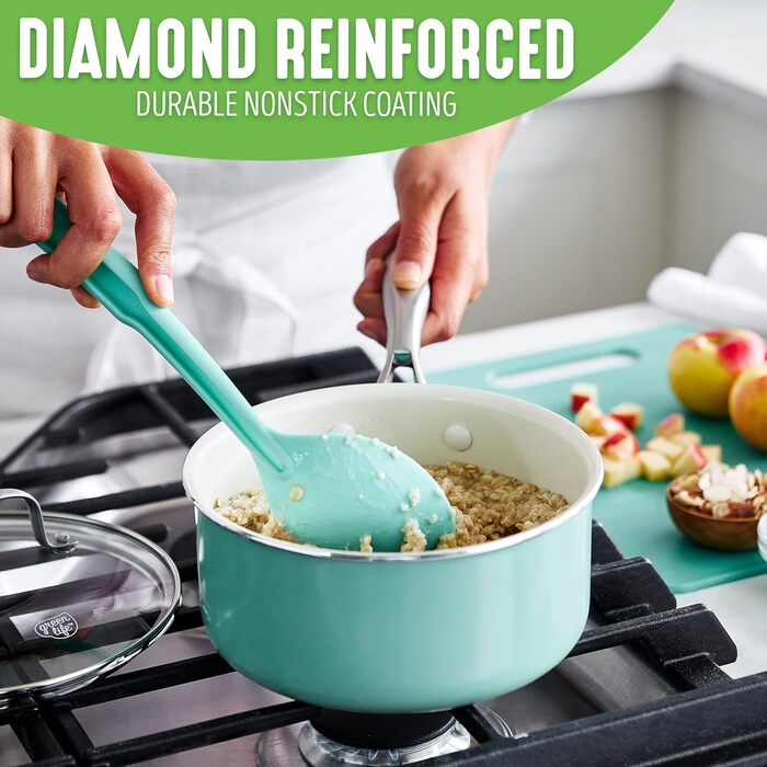 Набір сковорідок GreenLife Artisan, керамічне покриття, антипригарні, 20.3 та 25.4 см, нержавіюча сталь, без PFAS, придатні для миття в посудомийній машині, жаростійкі, набір каструль 1QT та 2QT, колір: бірюзовий