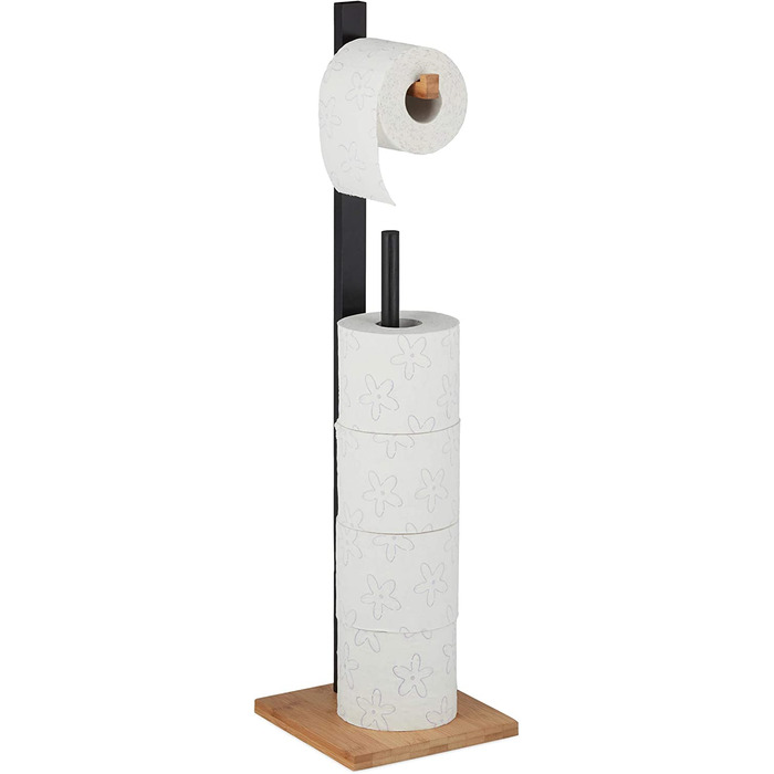 Relaxdays Freestanding Toilet Paper Holder, Bamboo, with Spare Roll Holder, 5 Rolls, HxBxT: 71x19x19 cm, Black-Natural, 1 Piece