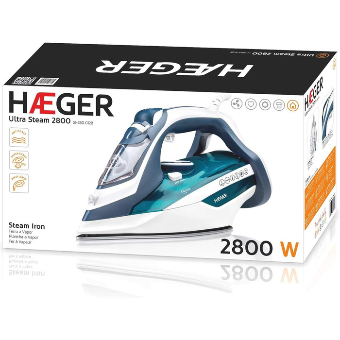 Праска HÆGER ULTRA STEAM 2800: керамічна підошва, захист від накипу та протікання, самоочищення, 2800 Вт