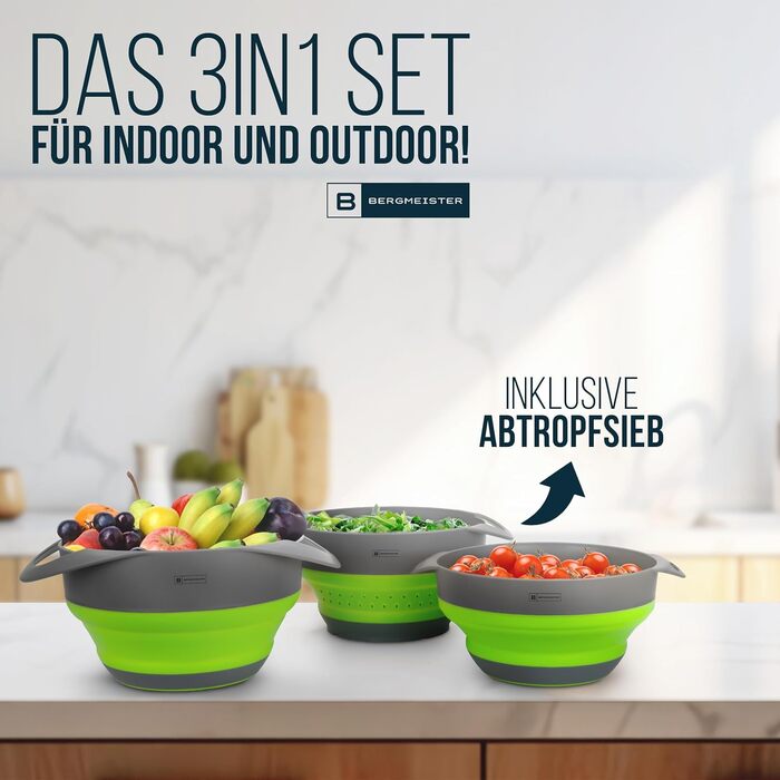 Bergmeister® Foldable Bowl Set 3in1 with Strainer 1.7L / 2.8L Multifunctional, Dishwasher-Safe, Space-Saving Marvel for Every Home and Outdoor Camping Kitchen