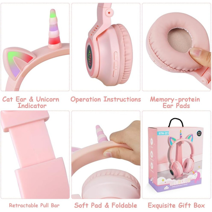 Дитячі навушники AXFEE з Bluetooth, котячі вушка, LED-підсвітка, Over-Ear, стерео, бездротові, з мікрофоном, Micro SD/TF, для телефону/планшета/ПК, рожеві